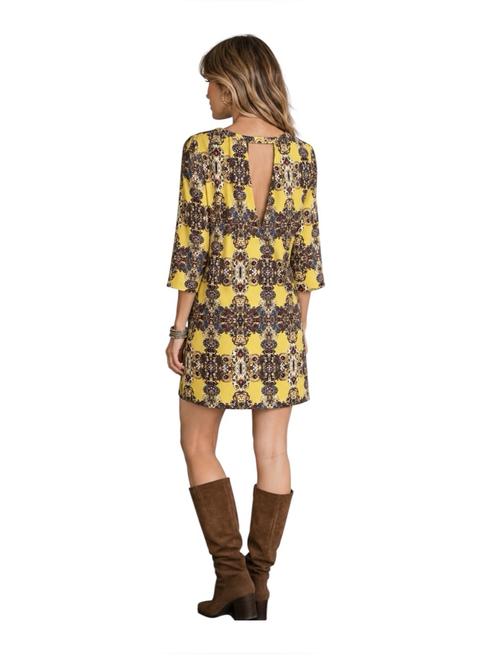 Uncle Frank Dress Size Large Back Cut Out Flare Sleeves Jewel Print Yellow